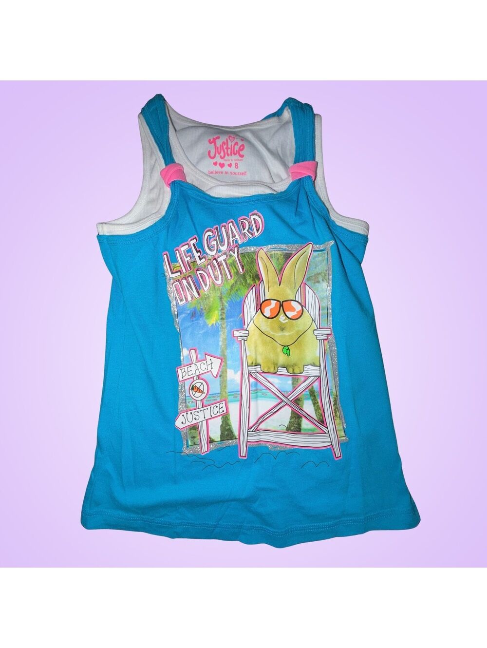 Justice Girls Blue White Double Layer Tank Top Lifeguard Bunny Graphic Size 8